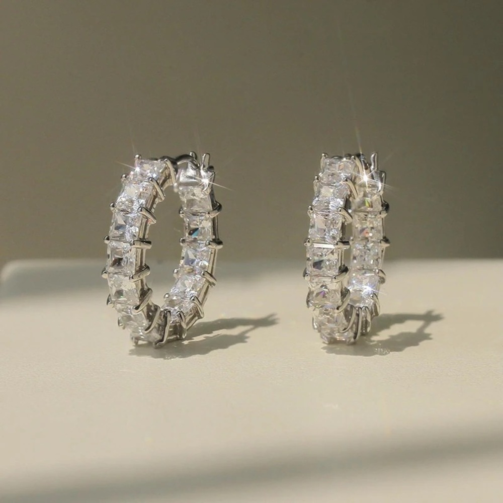 0.16-0.18Ct Princess or Round Eternity Hoop Double Forward Inlay Silver Earrings